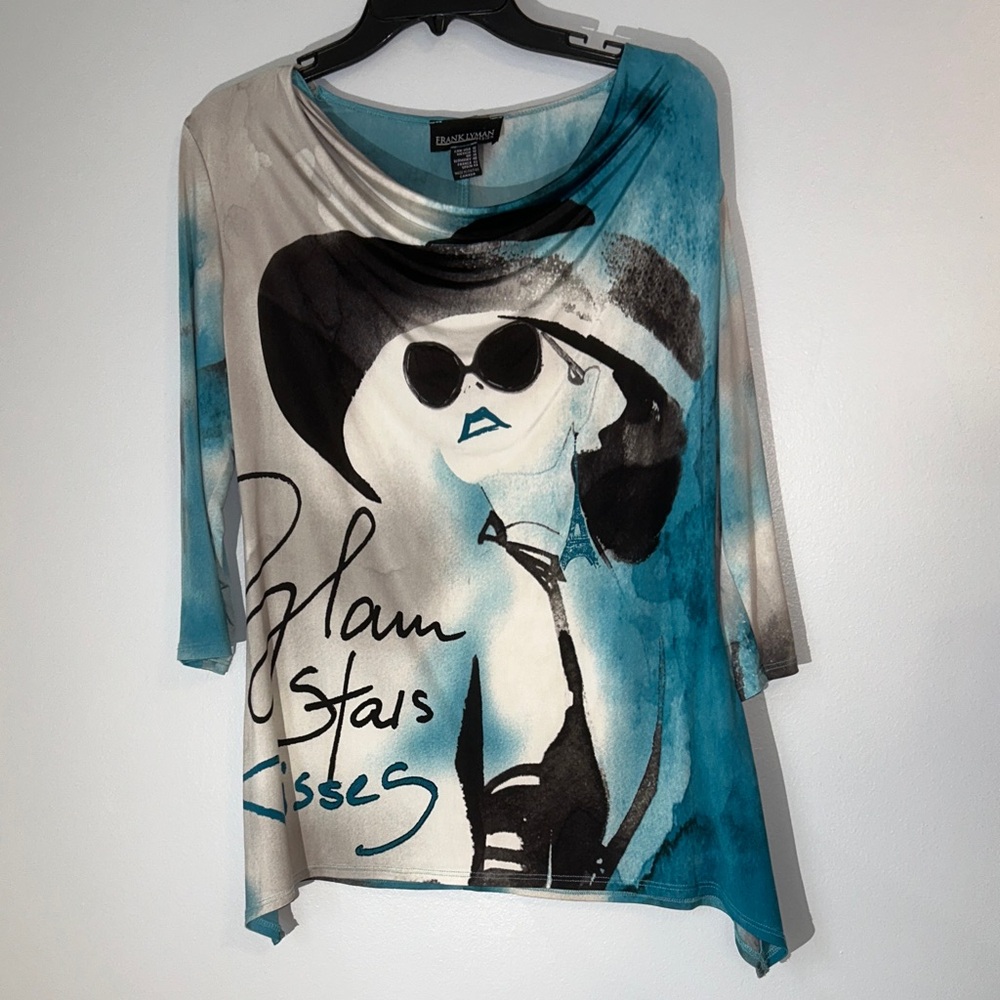 Frank Lyman Design Women's Long Sleeve Graphic Tee - Teal and Black Size 12